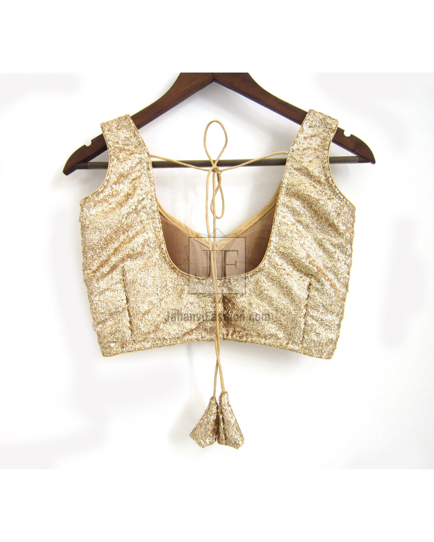 Gold glitter sequin saree blouse with lace-up open back and tassel, sleeveless