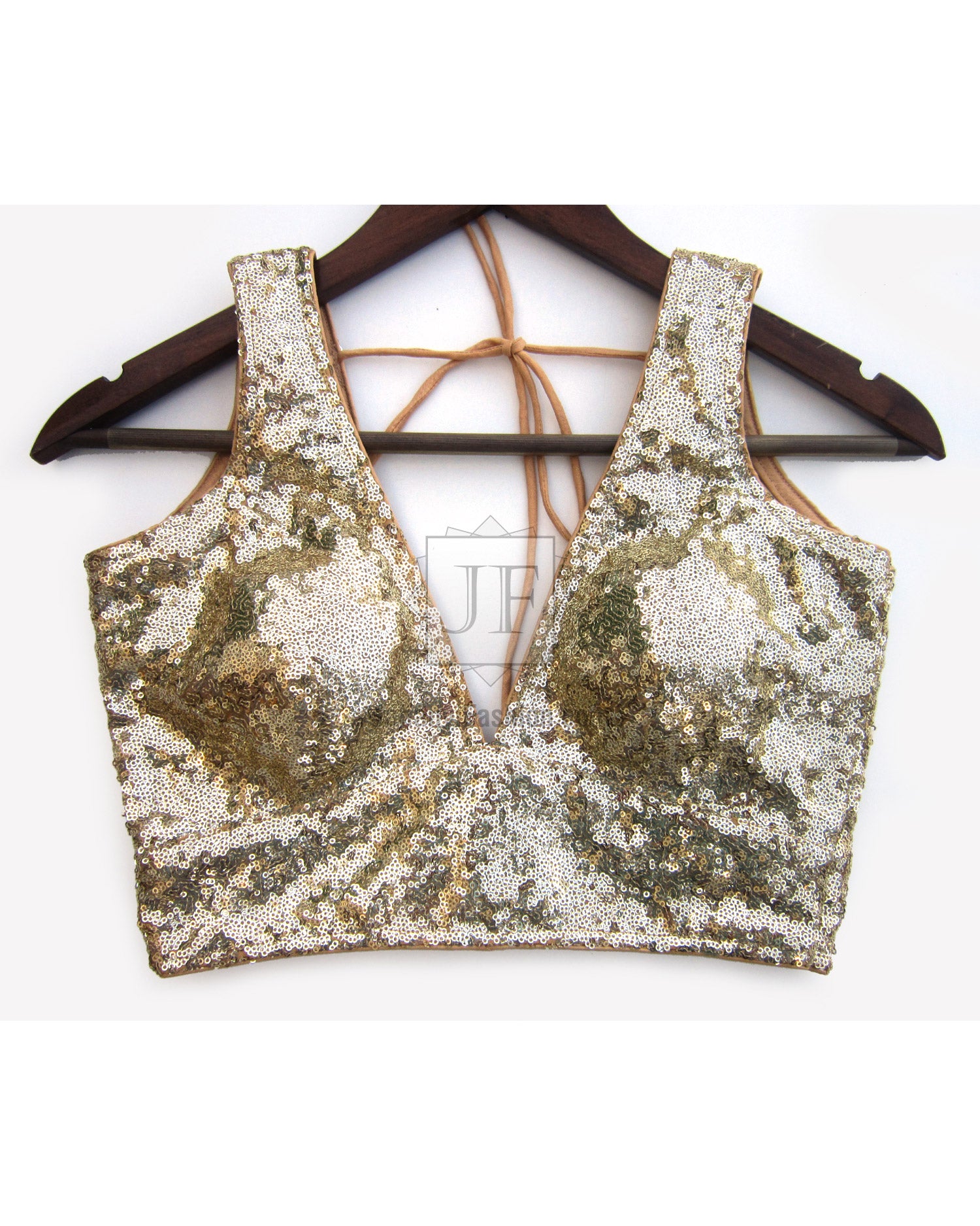 Gold sequin saree blouse with V-neck and adjustable tie-back straps