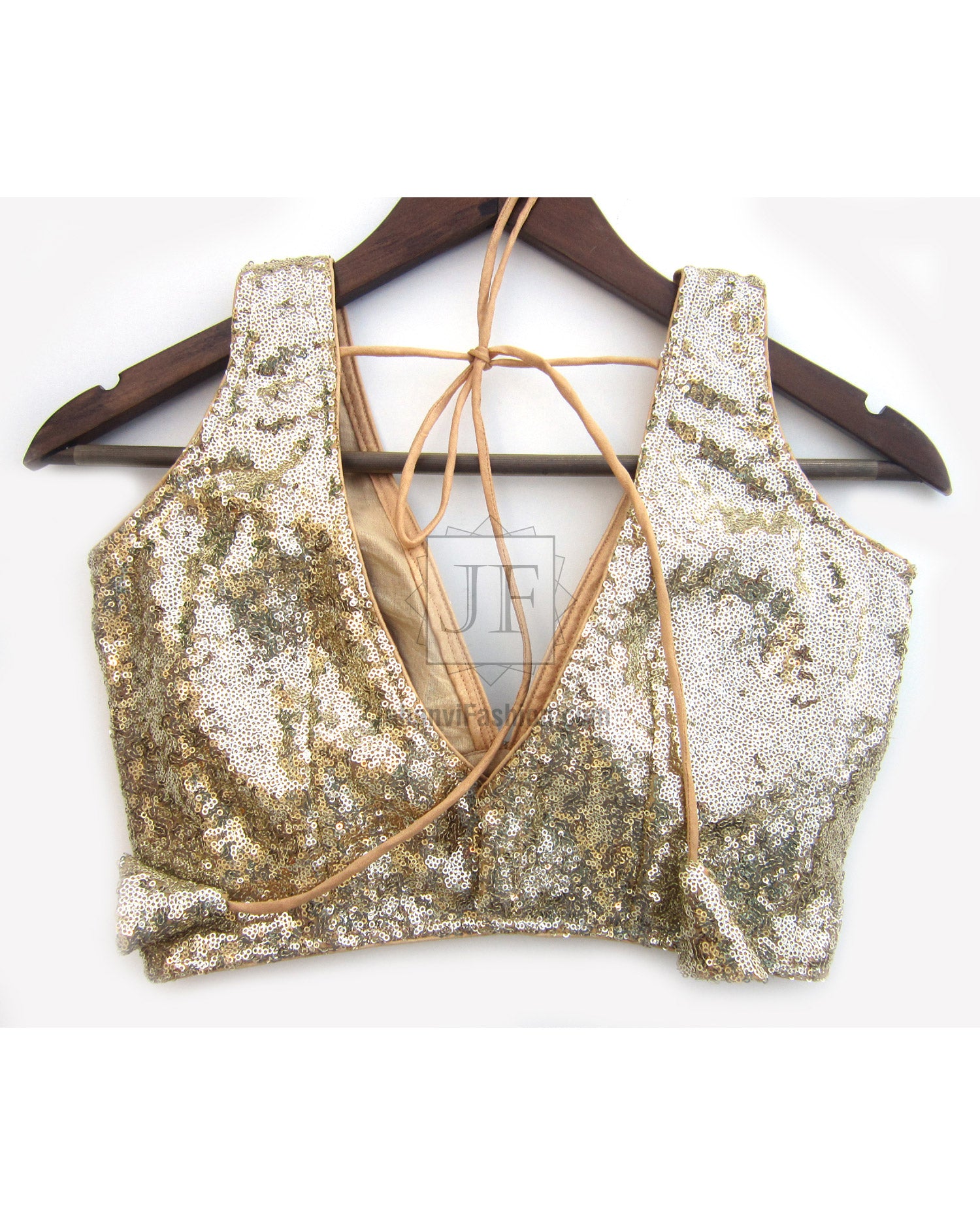 Gold sequin saree blouse with deep V front and crisscross tie-back cords