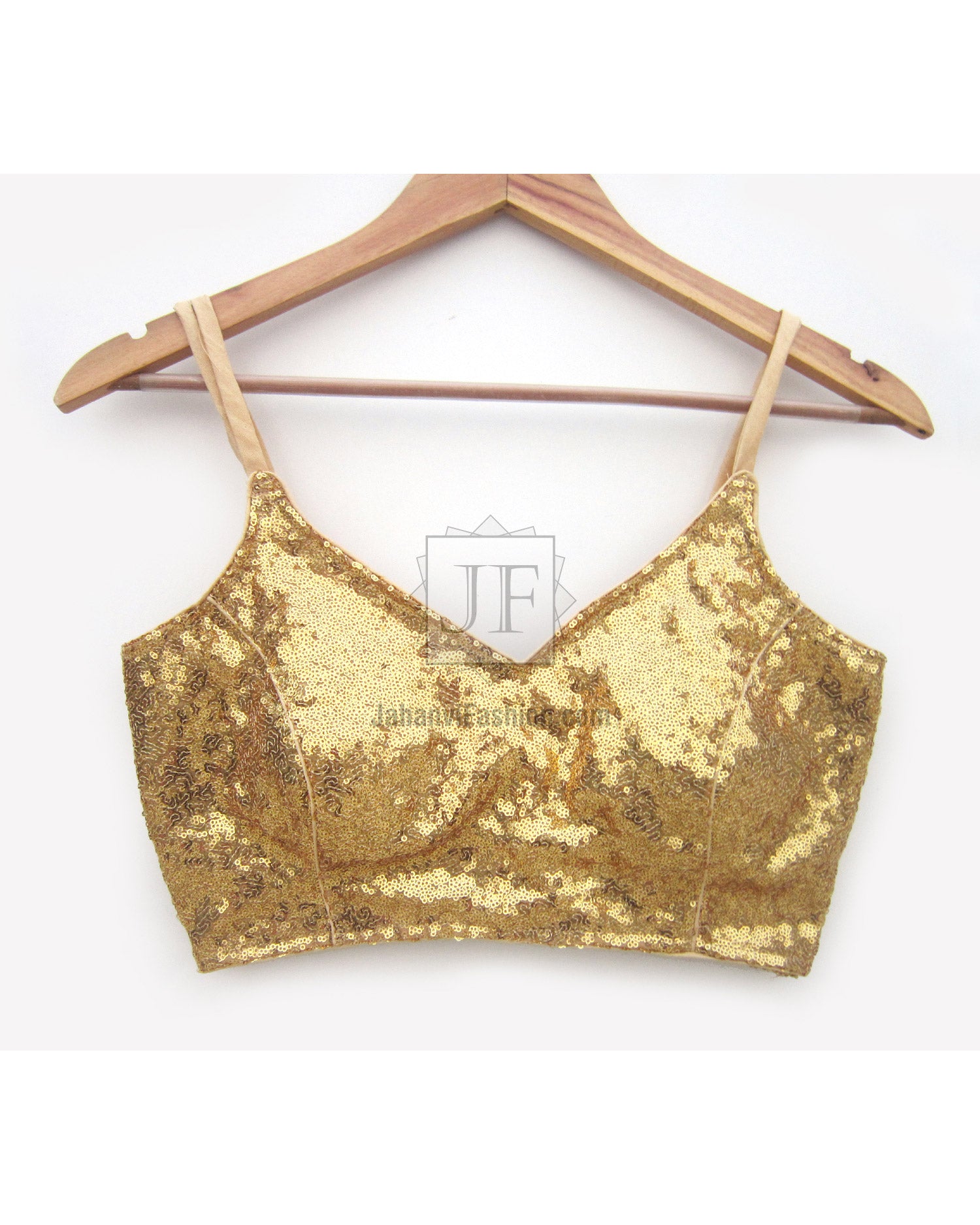 Gold sequin spaghetti strap blouse with wide V neckline and fitted bust bodice