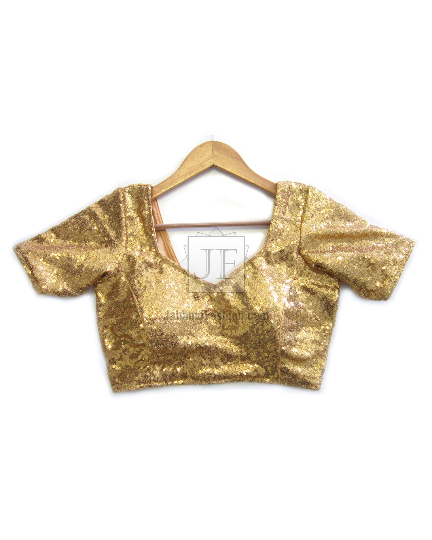 Gold sequin crop blouse with short puff sleeves and V-neck