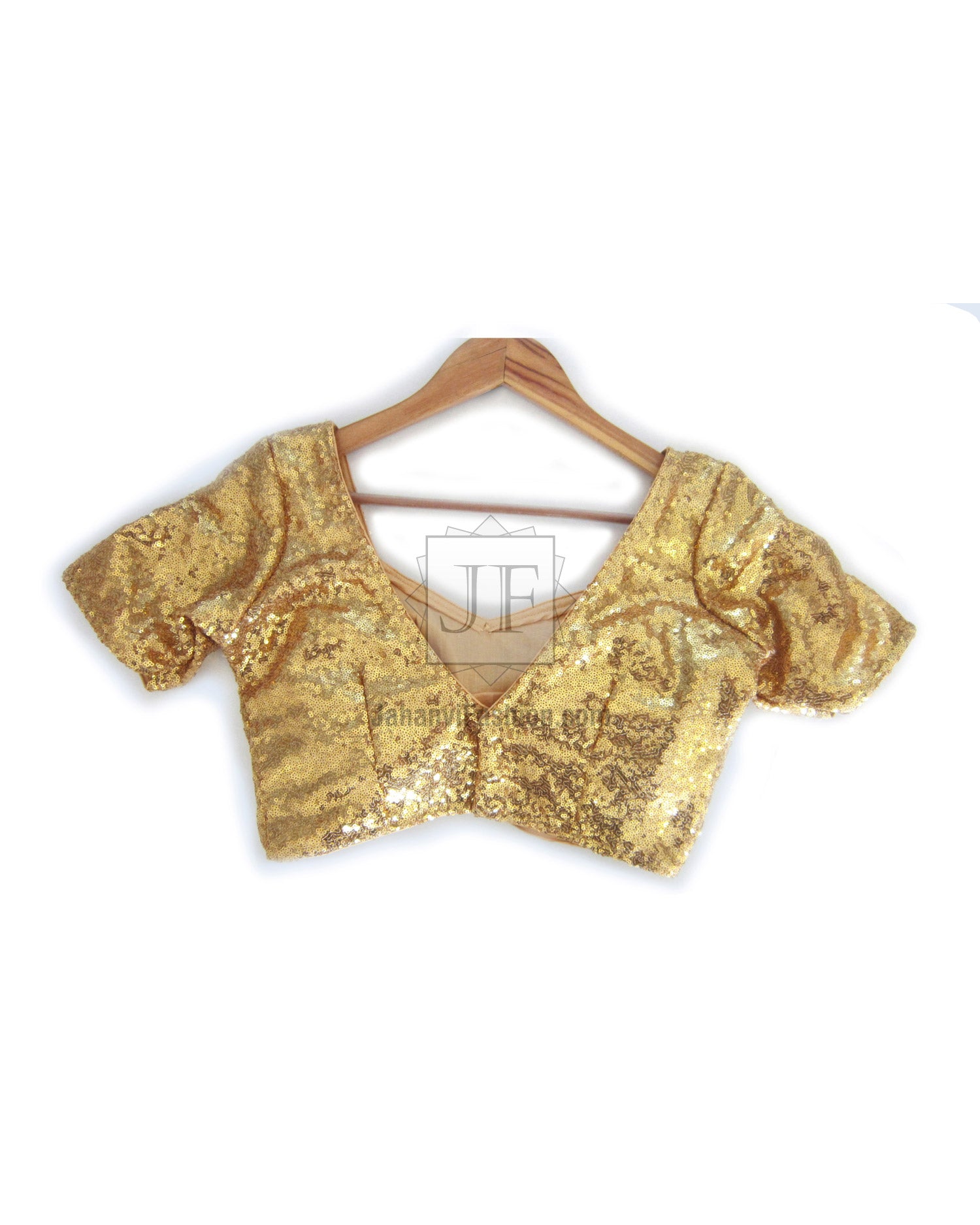 Gold sequin crop blouse with short sleeves and V-neck wrap front