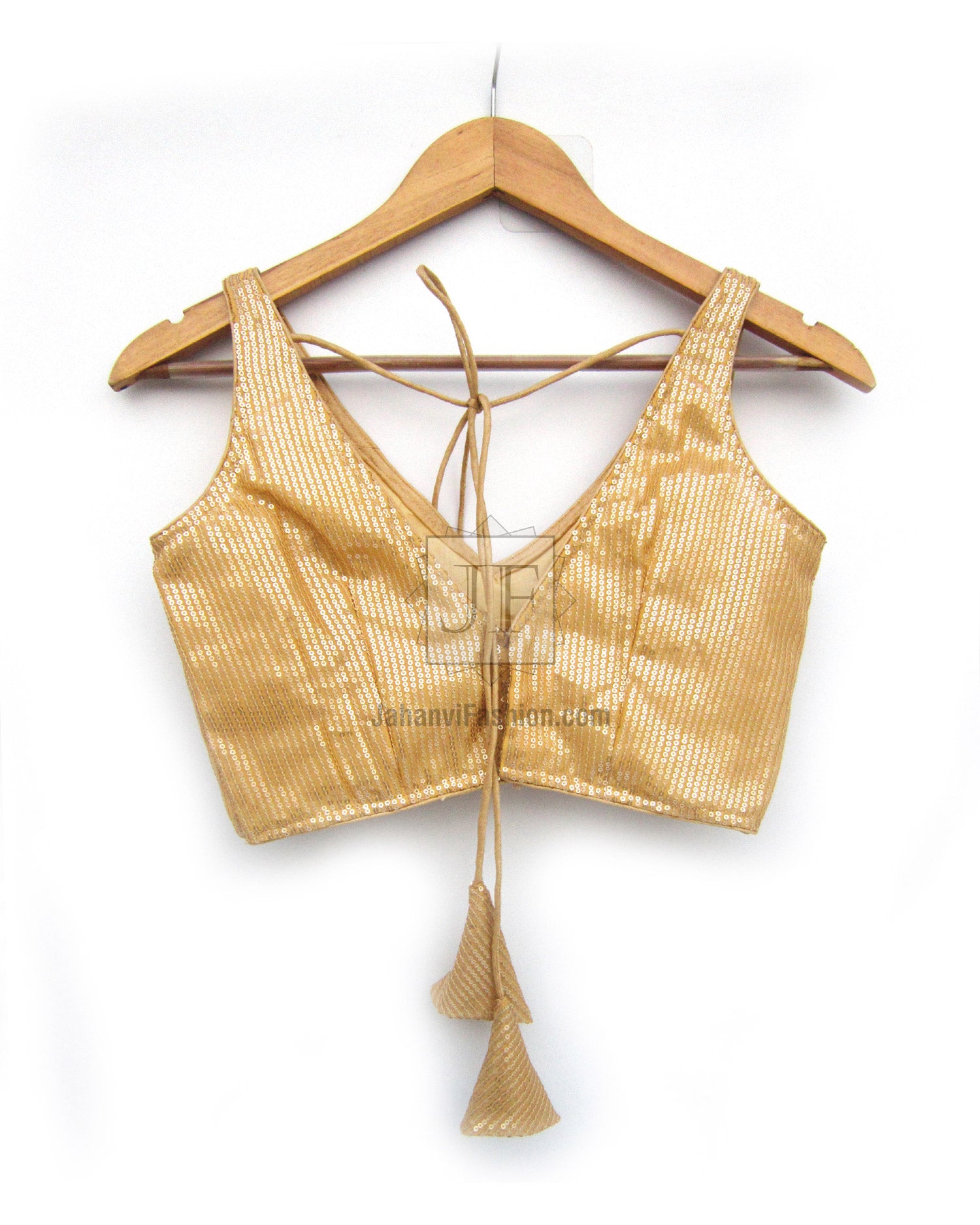 V-neck Gold Glitter Sequin Saree Blouse: Stylish Bridal Readymade Top