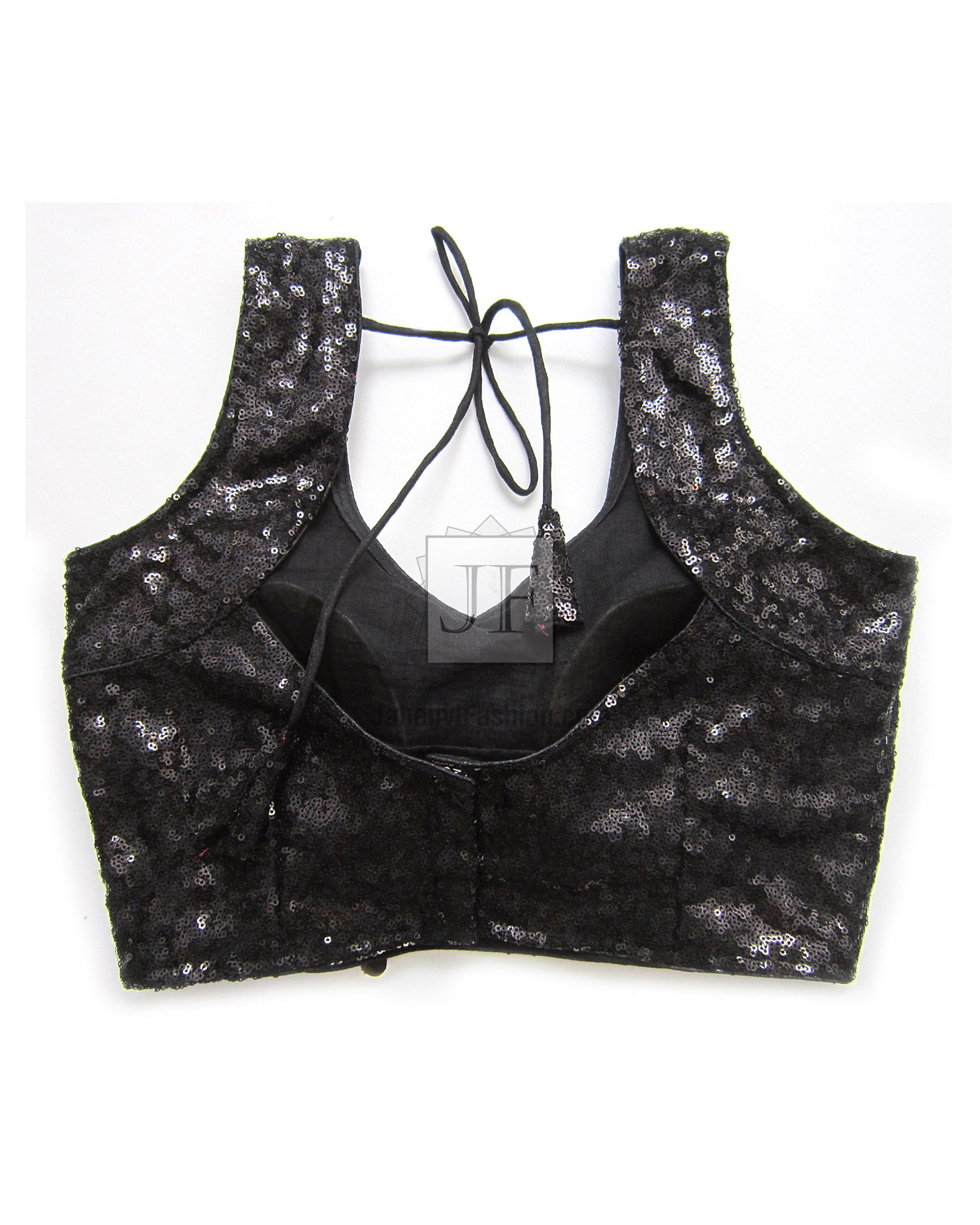 Black Sequins Saree Blouse: Party Wear Crop Top, Padded, Back Hook