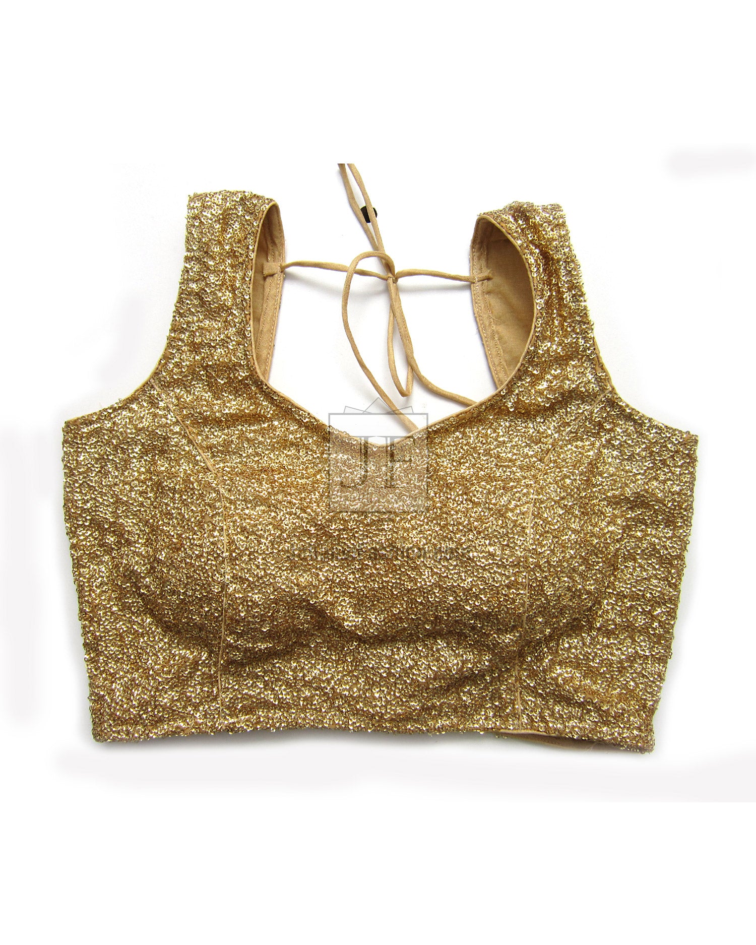 Gold sequin sleeveless crop blouse with square neckline and V-back tie strings