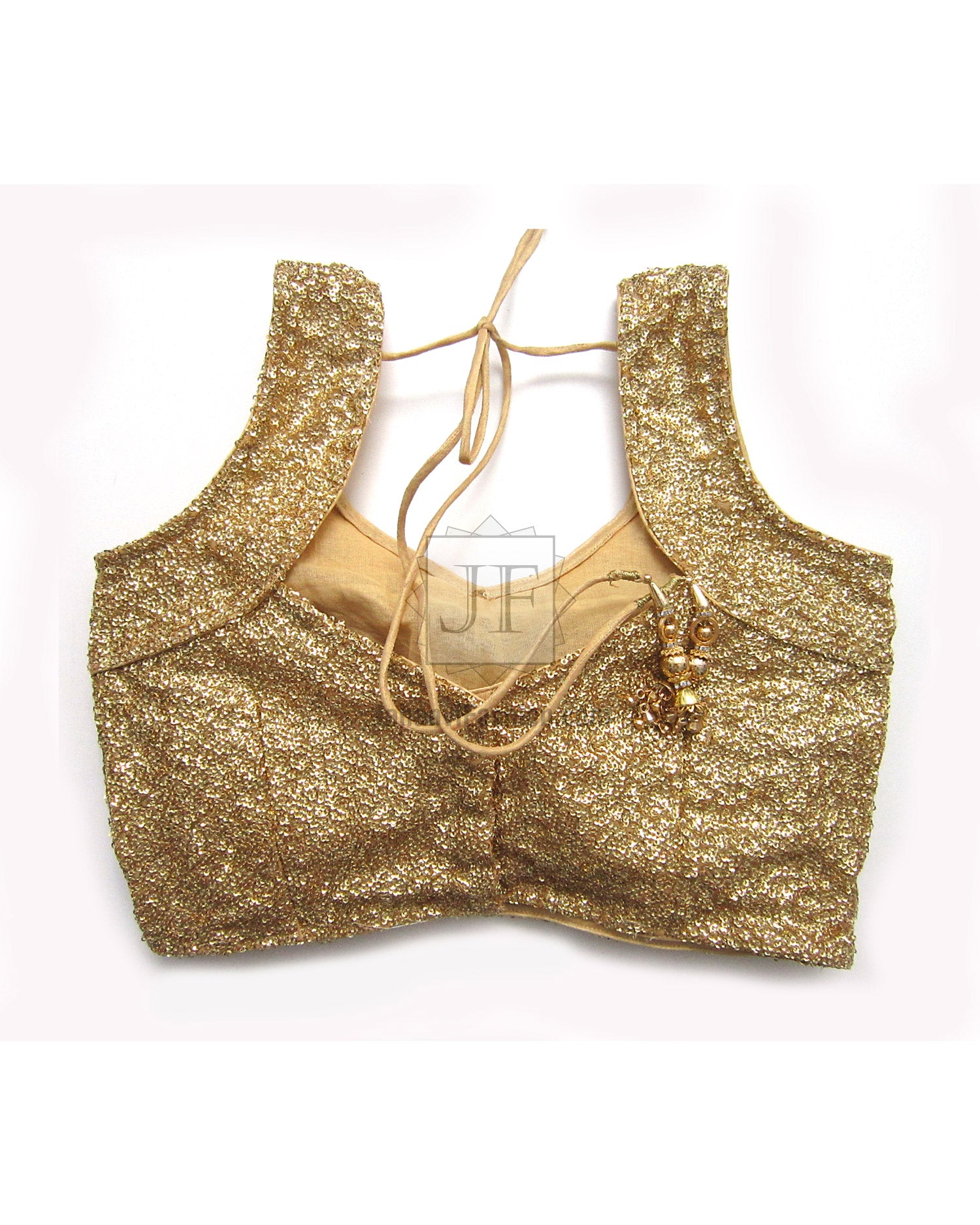 Gold sequin sleeveless crop blouse with V back and lace-up tie straps