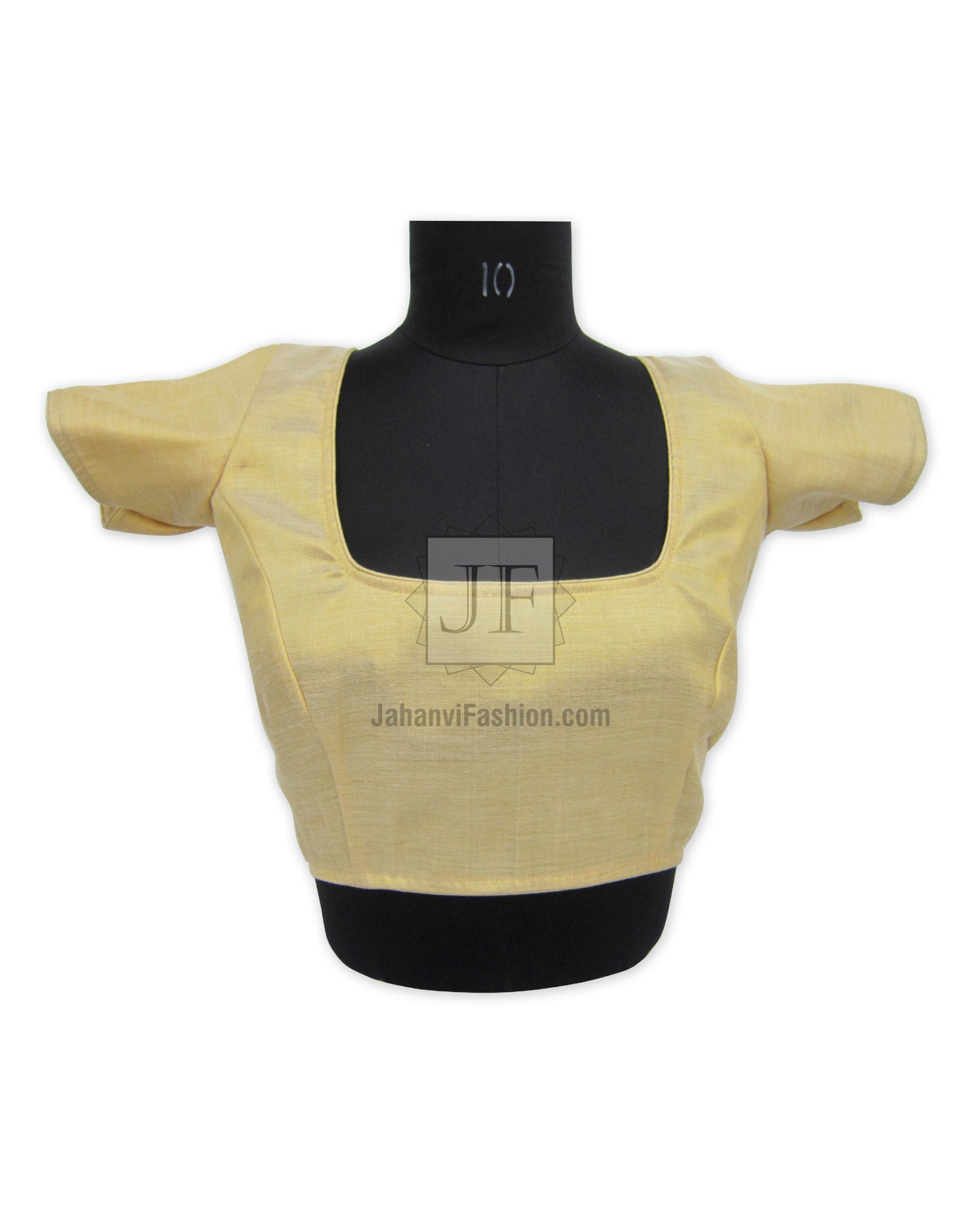 Criss-cross saree blouse with gold shimmer front, wide square neckline, short puff sleeves