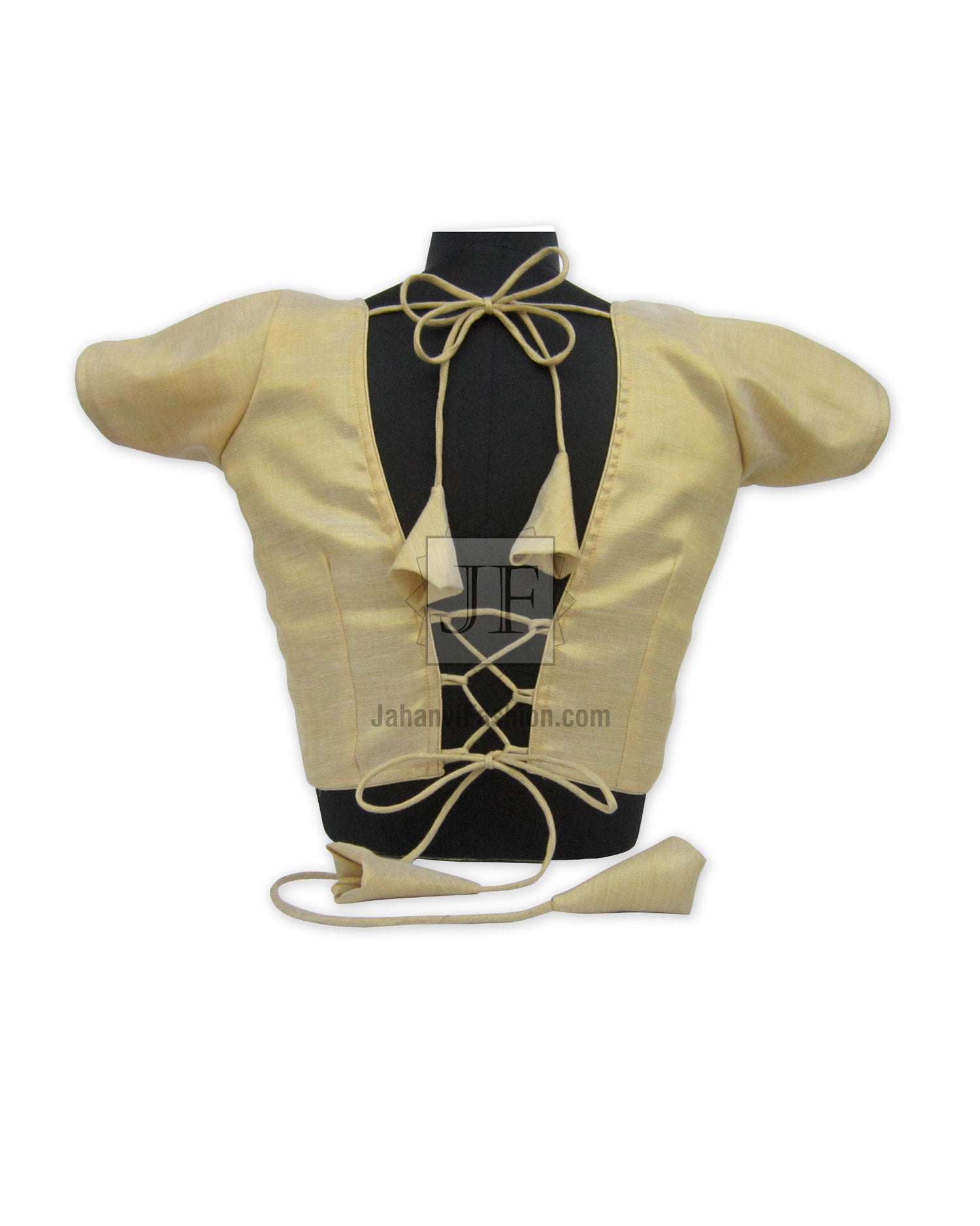Criss-cross tie-up saree blouse with gold body and black back, short puff sleeves