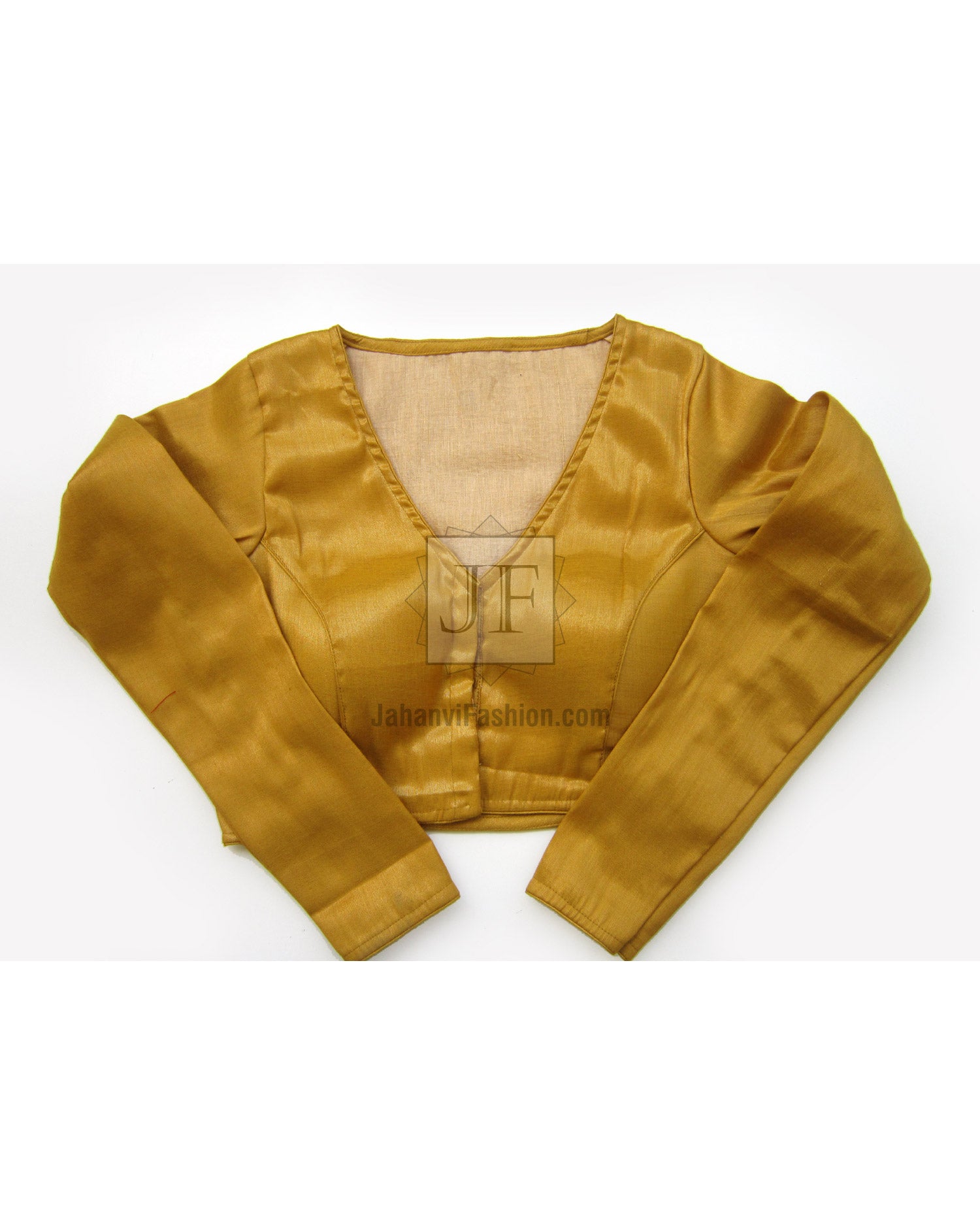 Golden shimmer satin saree blouse with V-neck and full sleeves