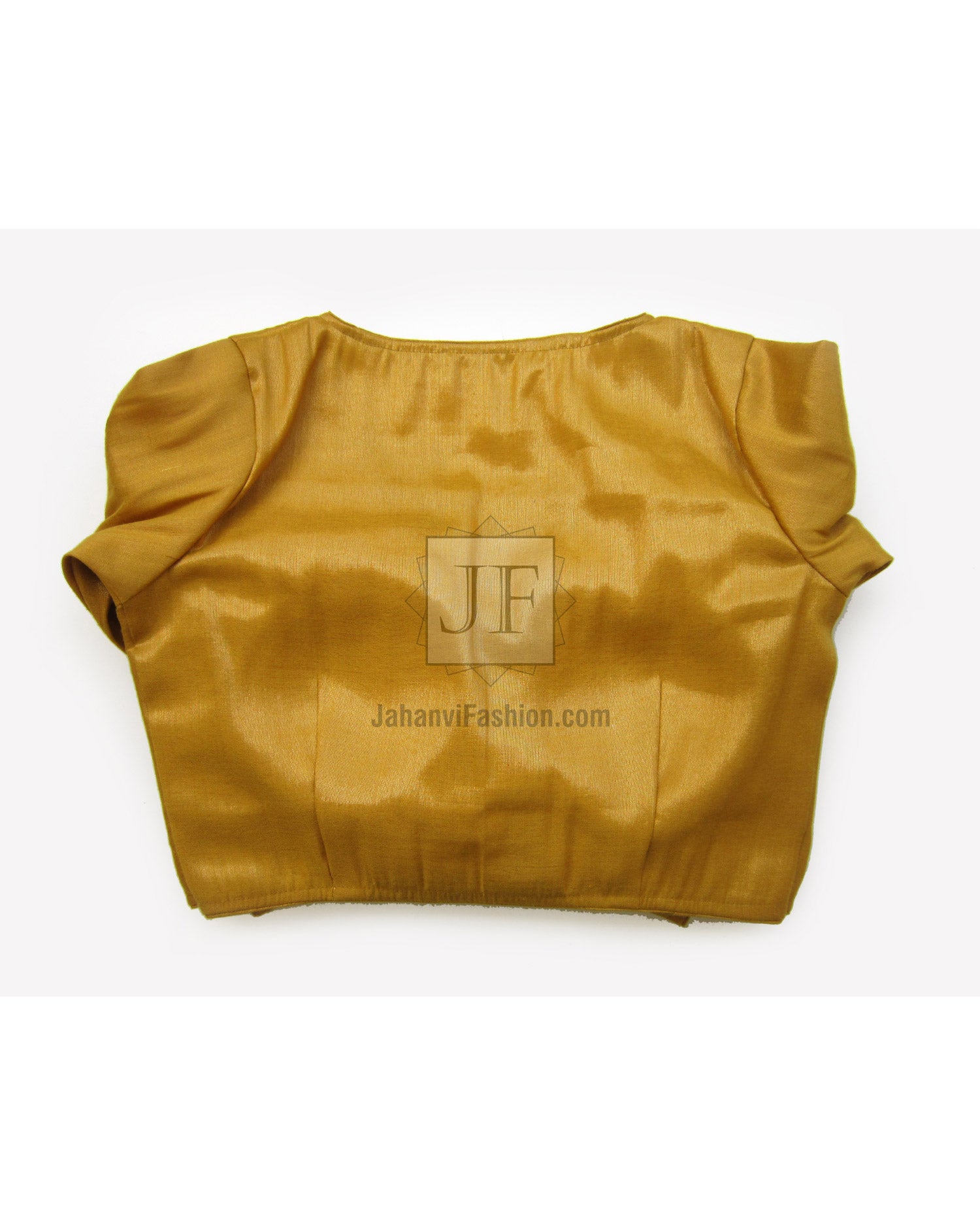 Golden shimmer satin saree blouse with wide neckline and full sleeves