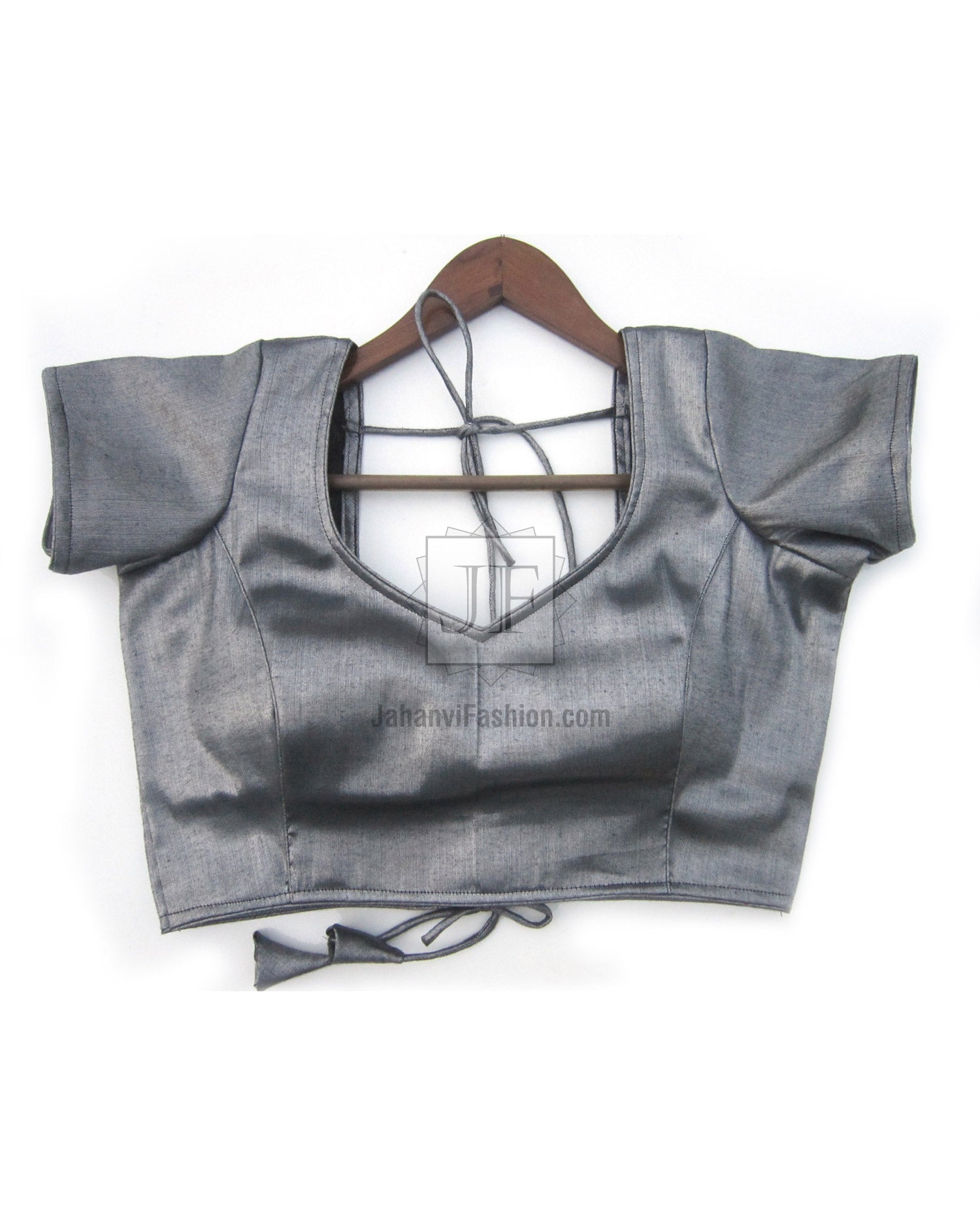 Dark gray dupion silk saree blouse with puff sleeves, V-back tie and hook-loop closure