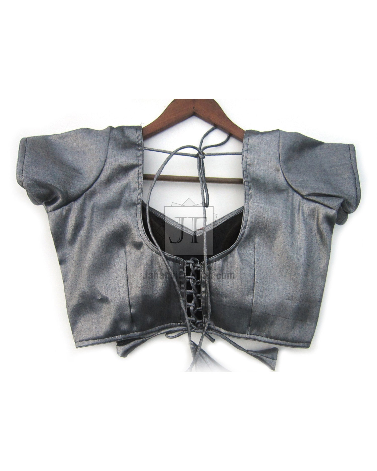 Dark gray saree blouse top with wide puff sleeves and back hook-loop panel with tie strings