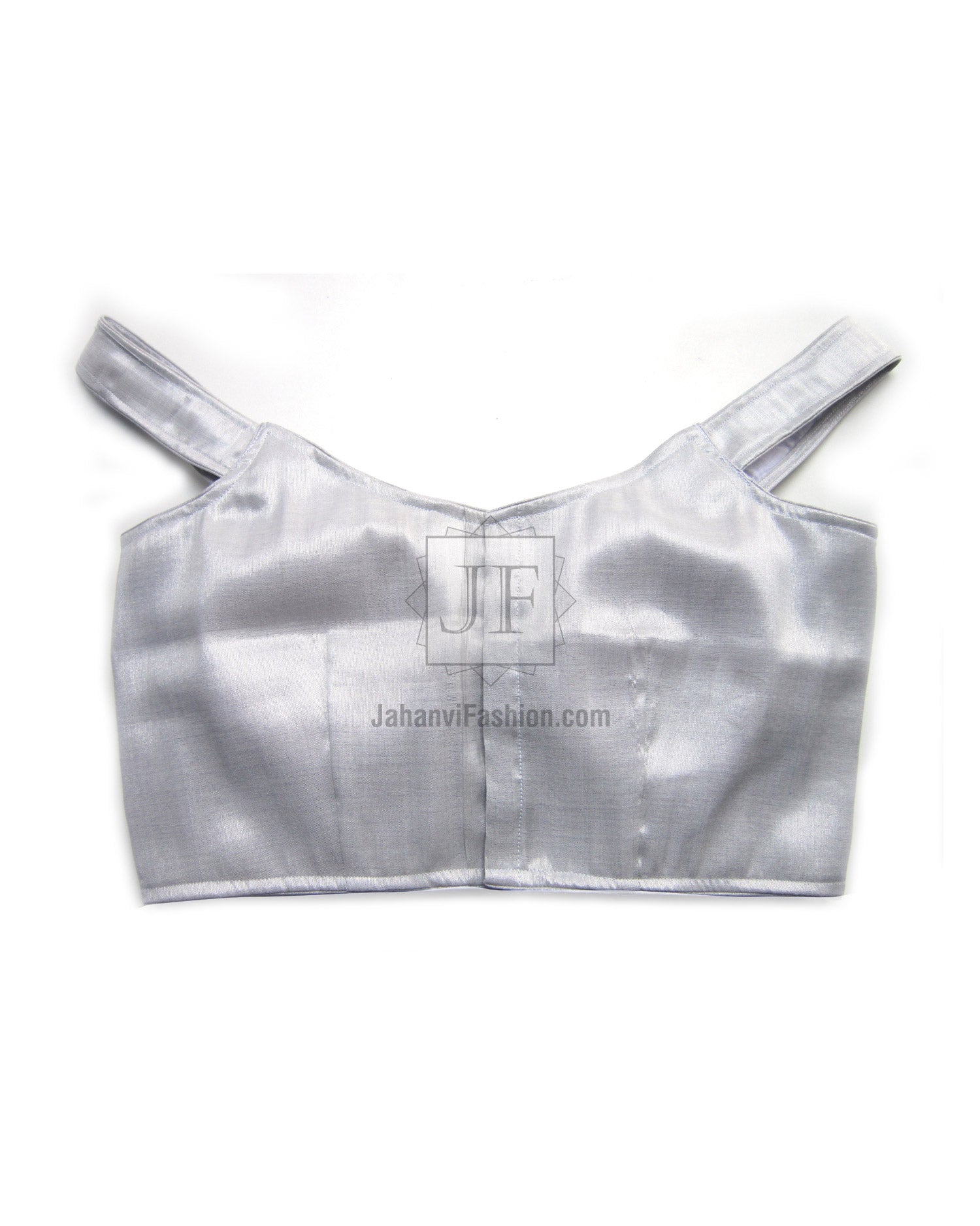 Off-shoulder shimmer saree blouse back, metallic light gray with center seam