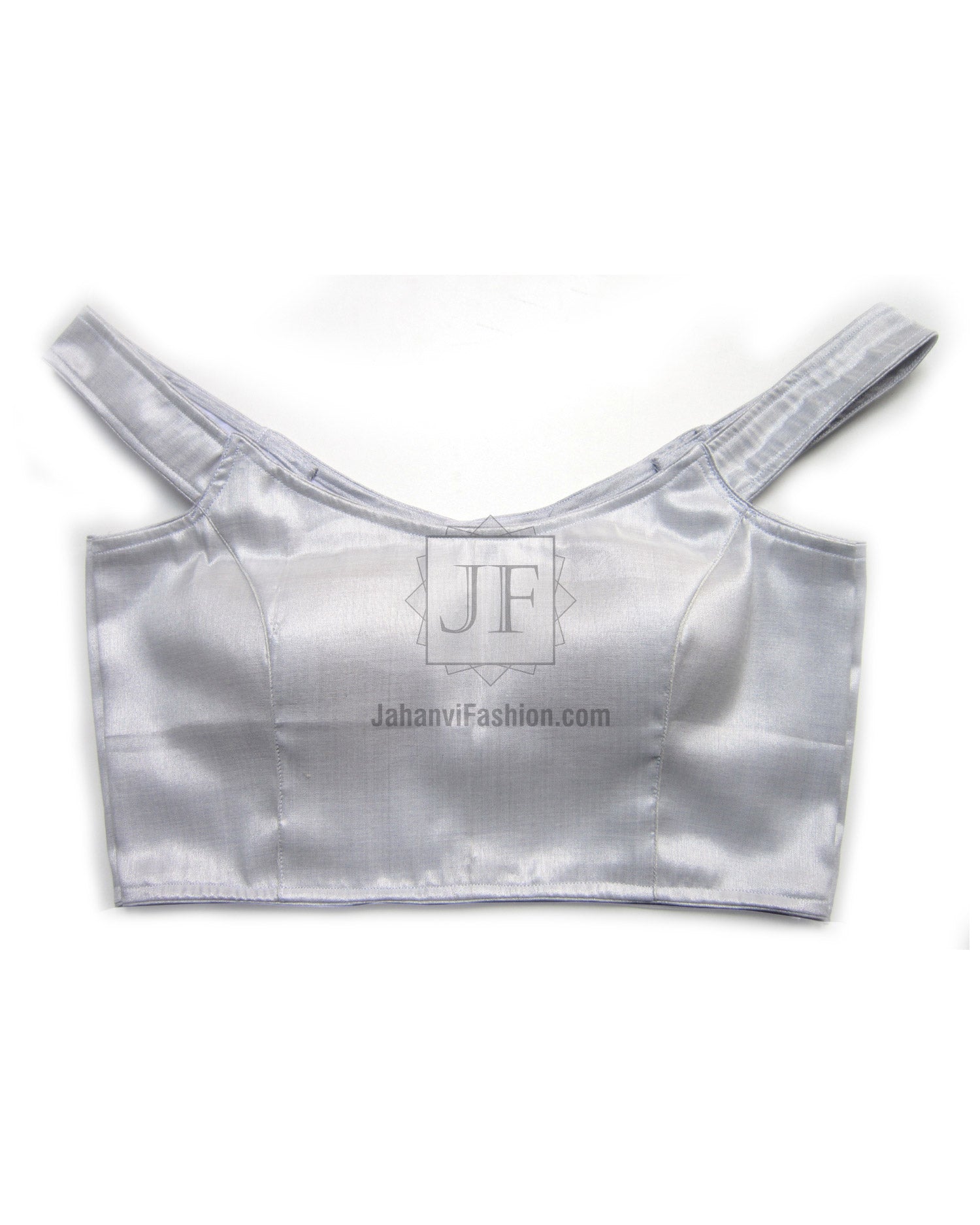 Off-shoulder shimmer saree blouse, metallic light gray with two shoulder straps